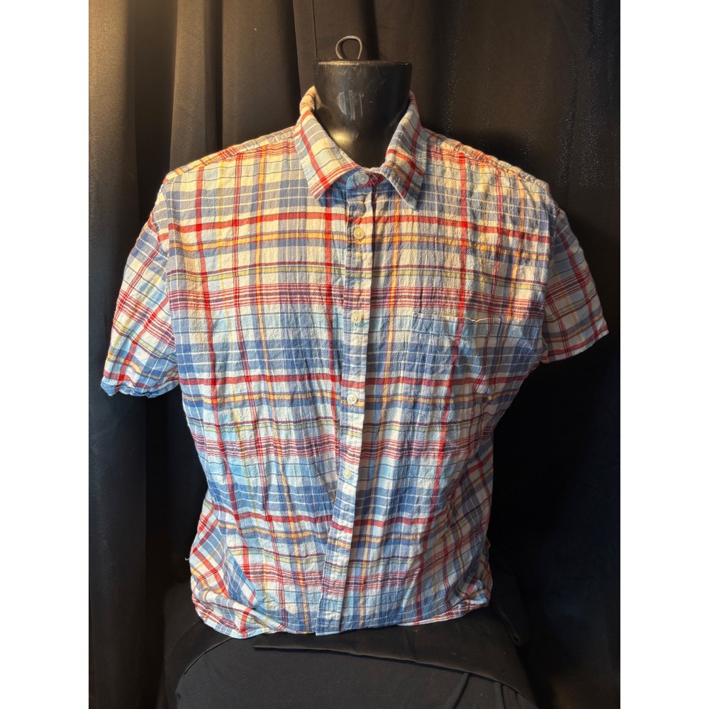 Mens Plaid Short Sleeve Button Down Shirt Blue Red Yellow Casual Pocket Top